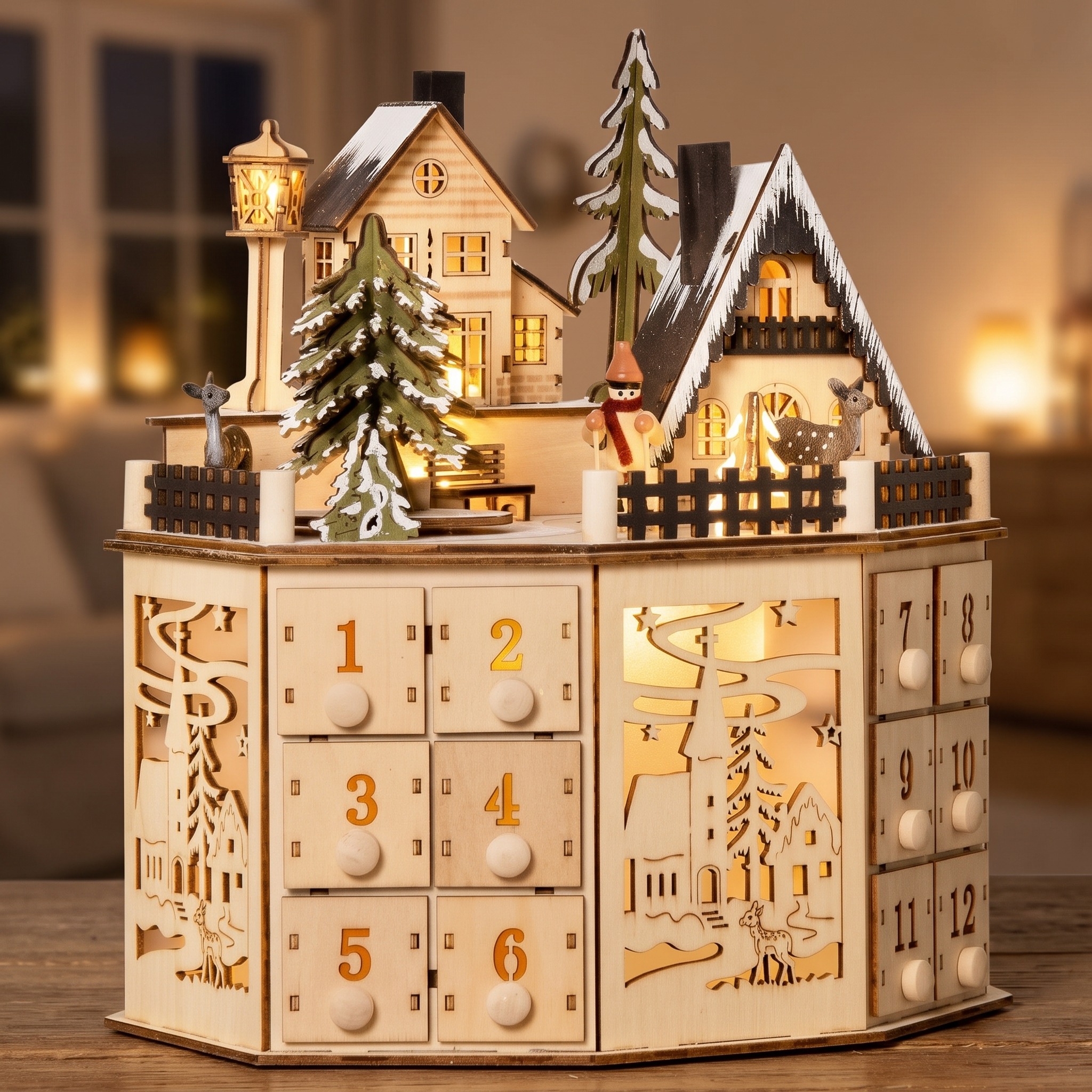 24-Drawer Wooden Advent Calendar with LED Village, Natural, photo 1 of 5