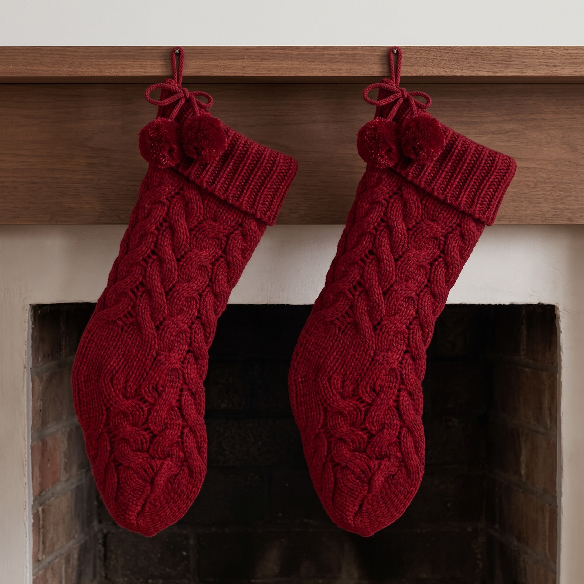 Cable Knit Christmas Stockings with Pom Poms, Set of 2 — Red, photo 6 of 7