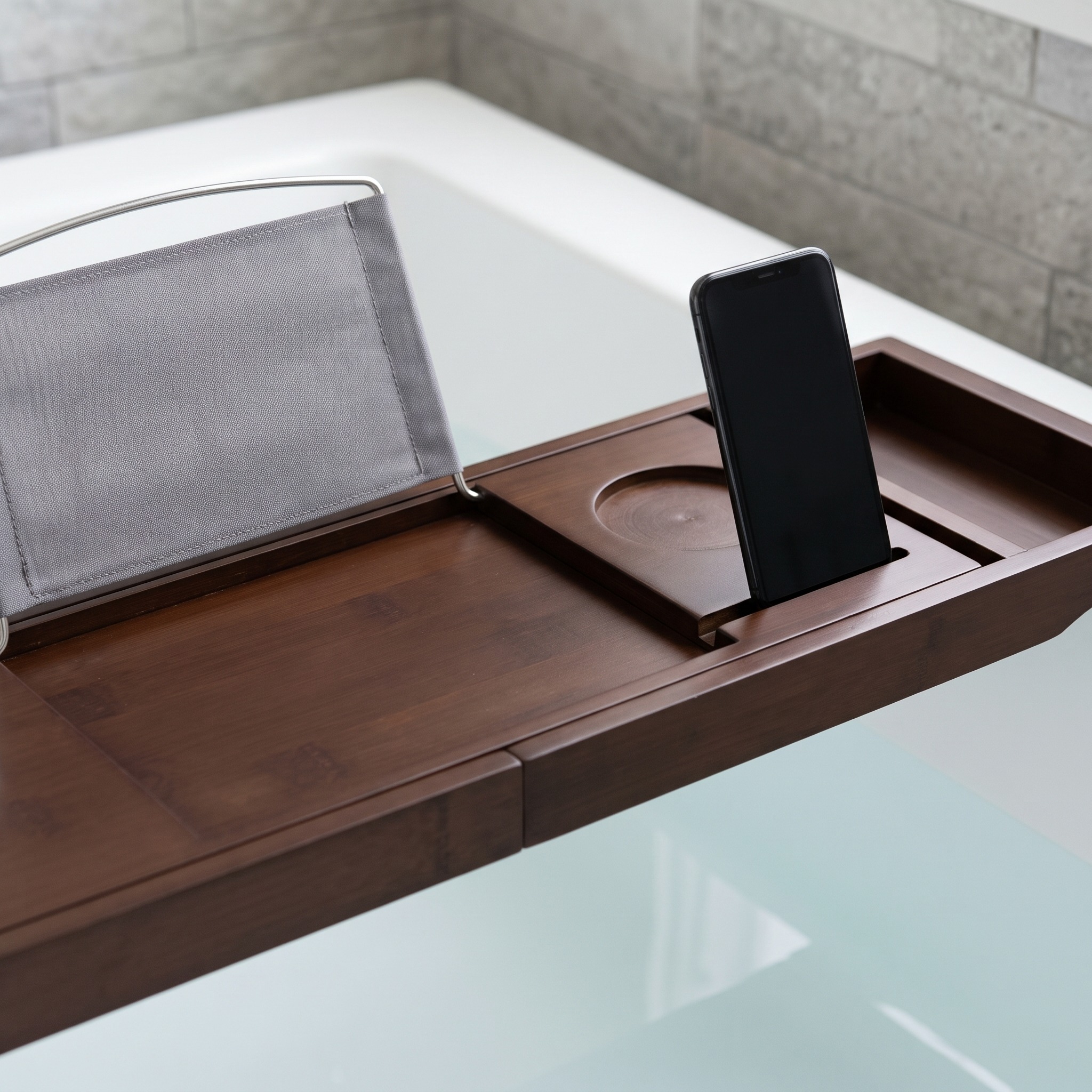 Foldable Bathtub Tray with Book Rest, Brown Bamboo, photo 4 of 5