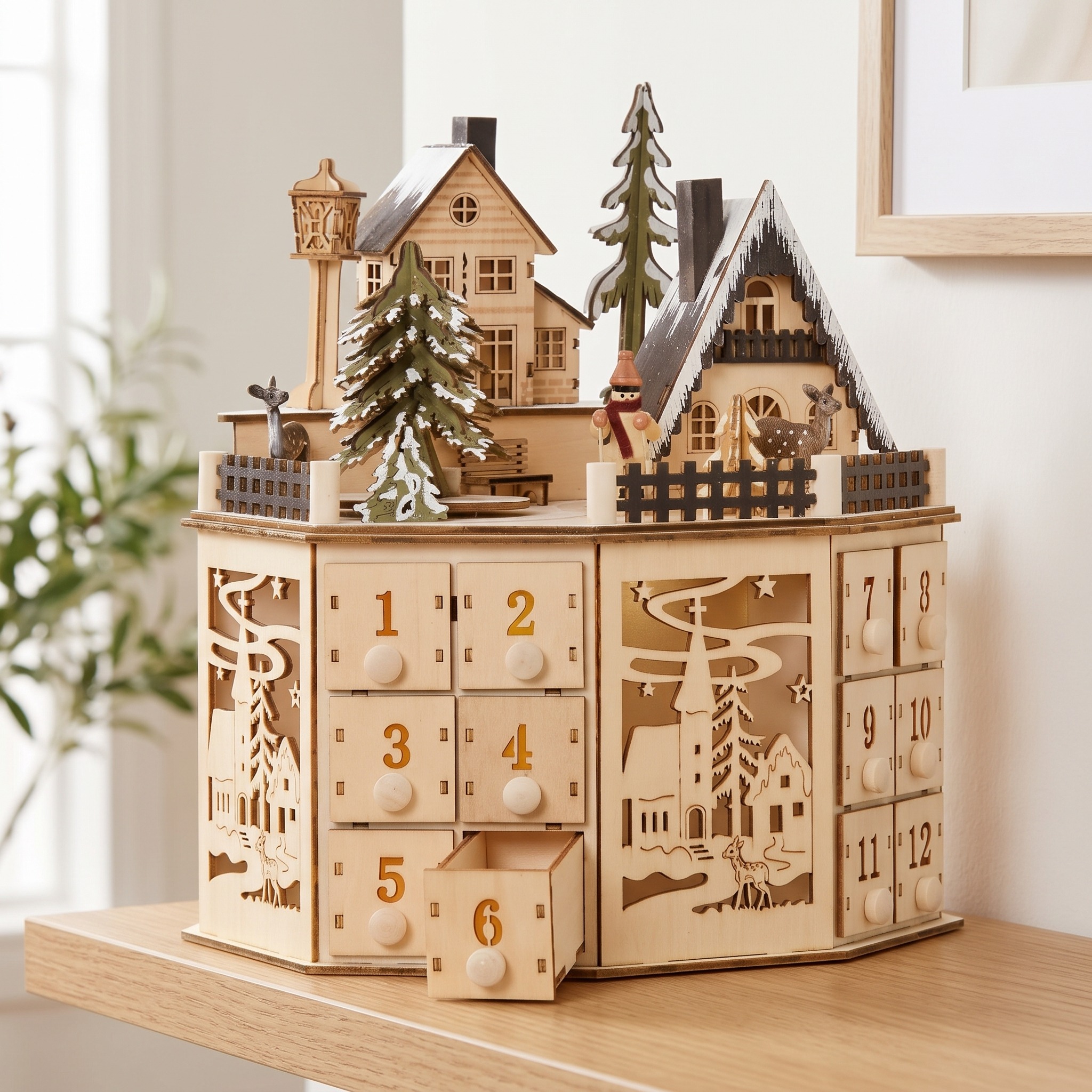 24-Drawer Wooden Advent Calendar with LED Village, Natural, photo 2 of 5