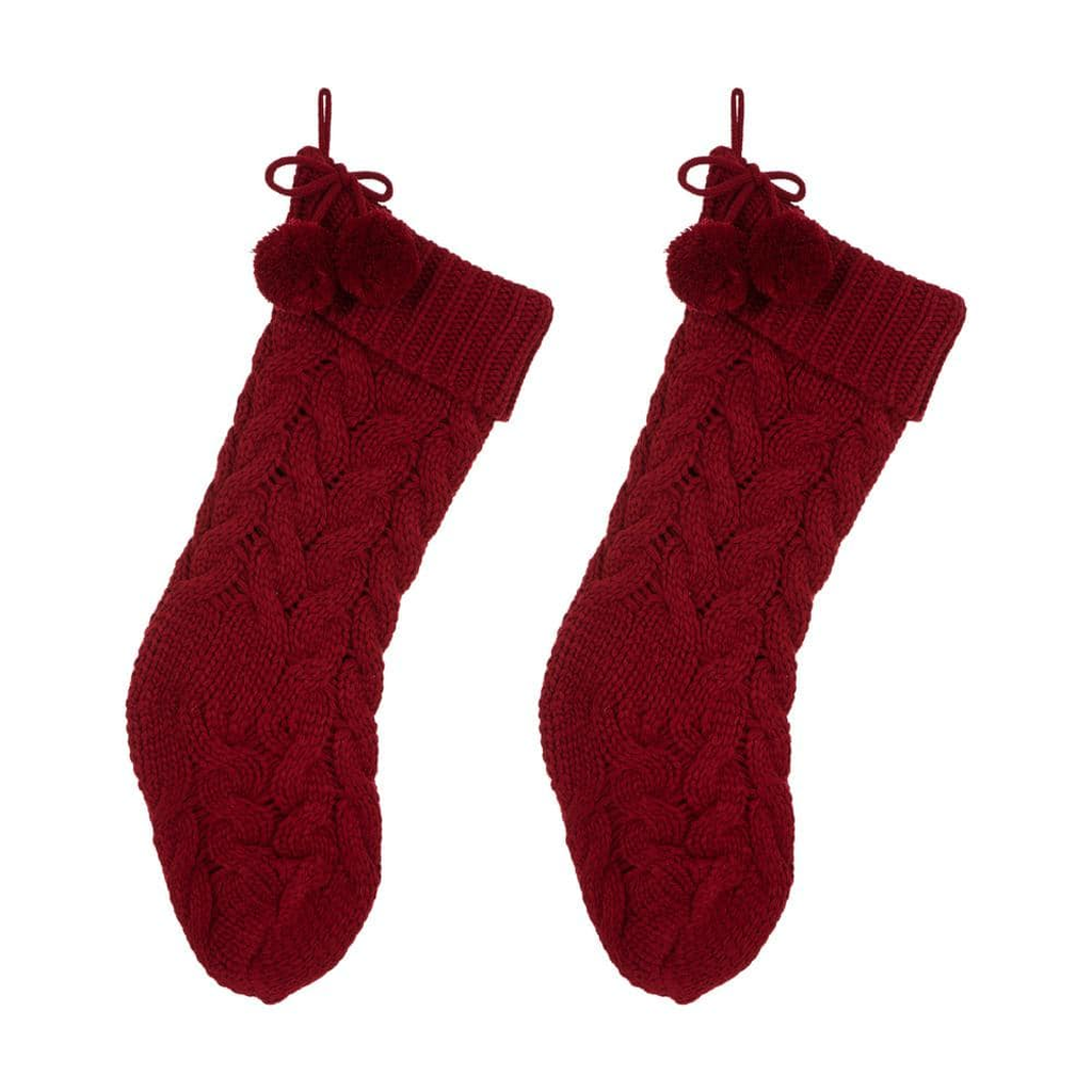 Cable Knit Christmas Stockings with Pom Poms, Set of 2 — Red, photo 7 of 7