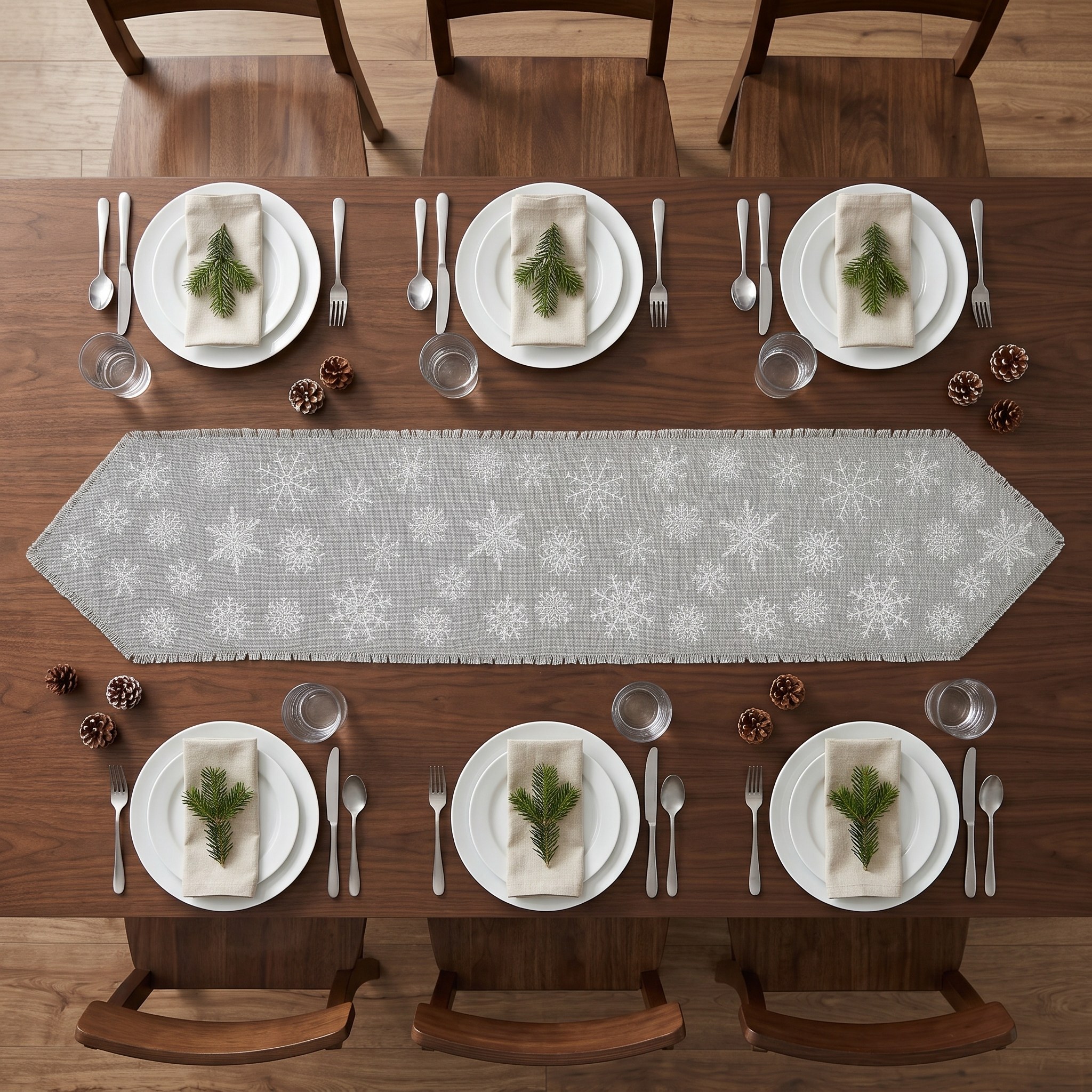 Snowflake Table Runner with Fringed Cotton Burlap — Dove Gray / 12 x 60 in, photo 6 of 8