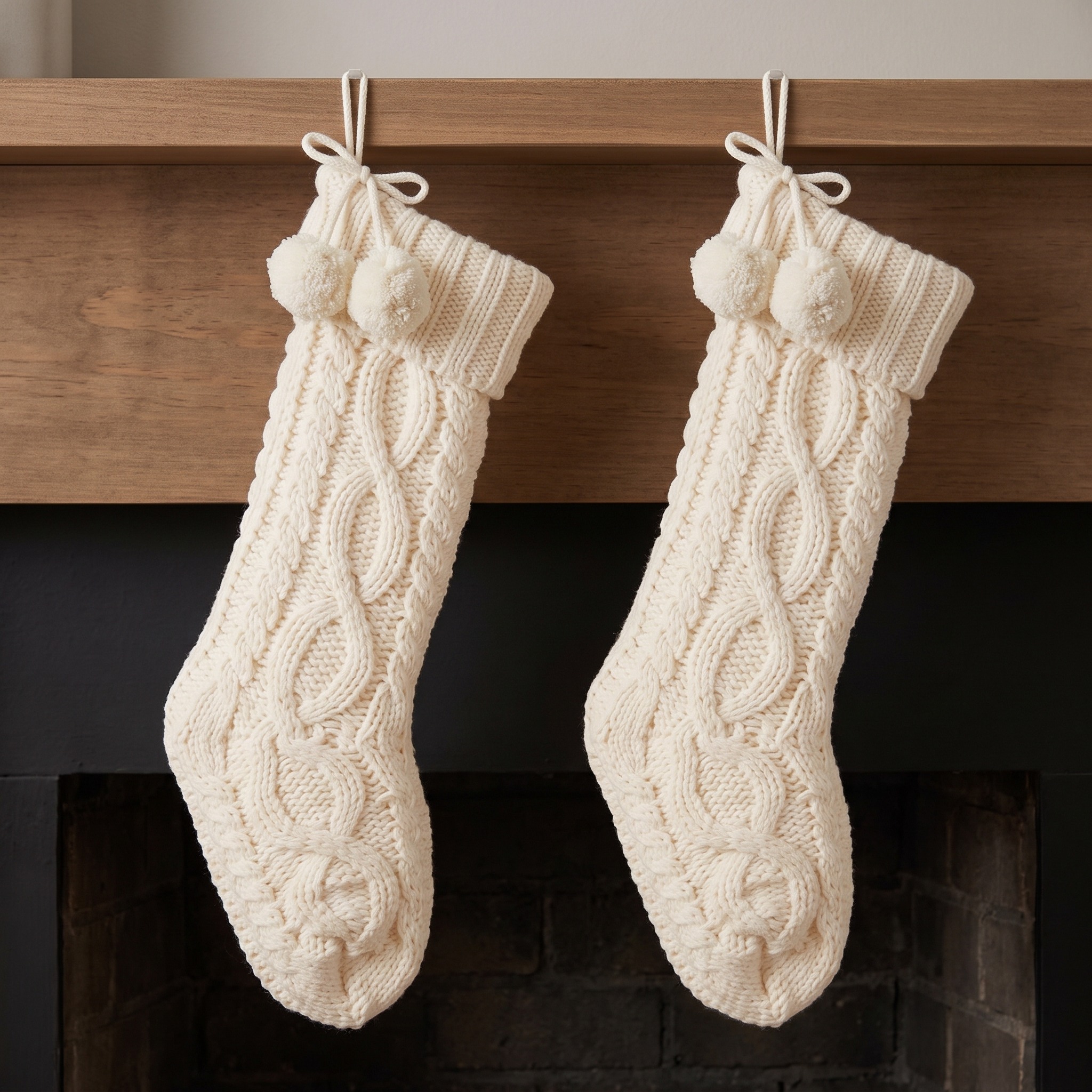 Cable Knit Christmas Stockings with Pom Poms, Set of 2, photo 1 of 7