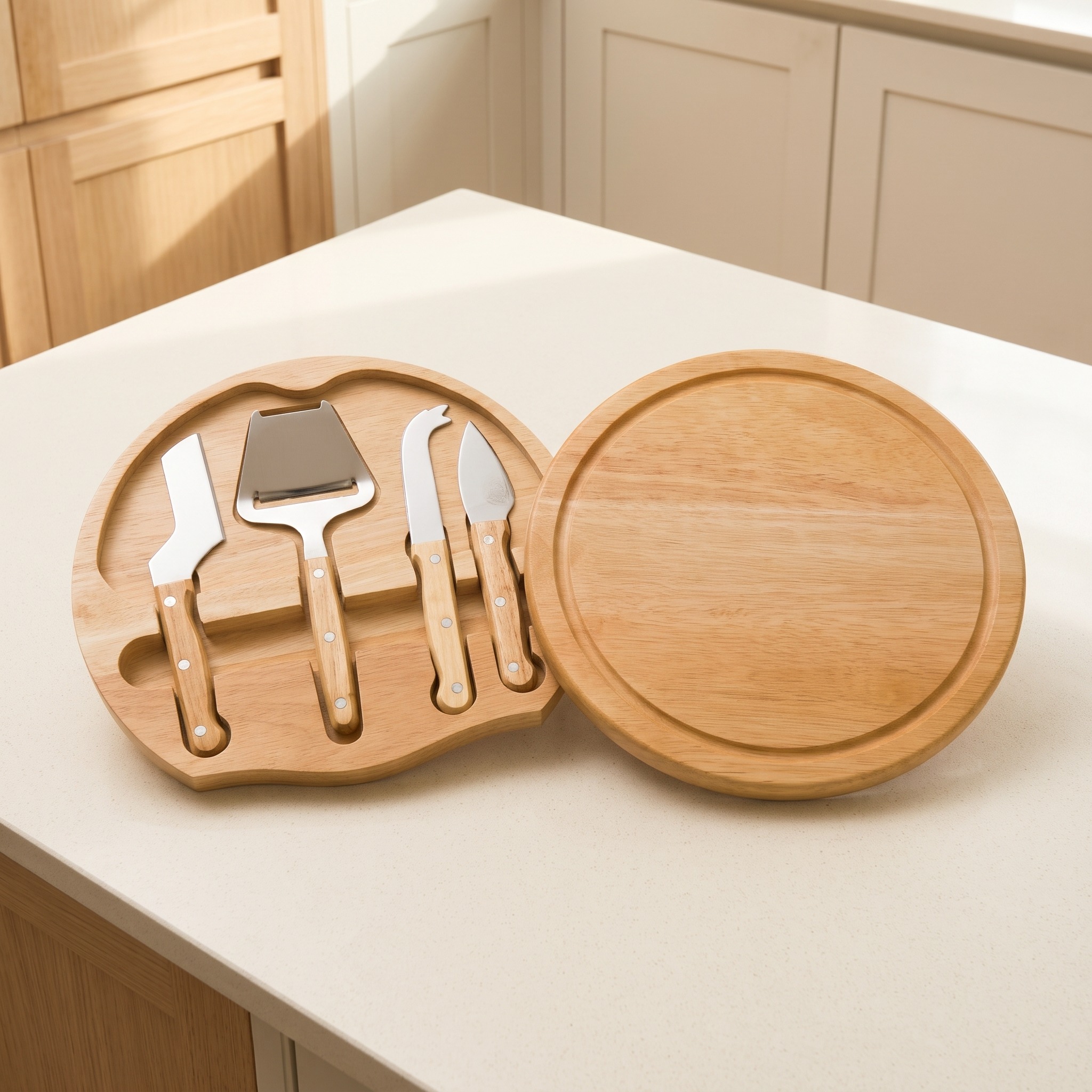 Round Cheese Board with Hidden Tools, 10 in, Rubberwood, photo 1 of 5