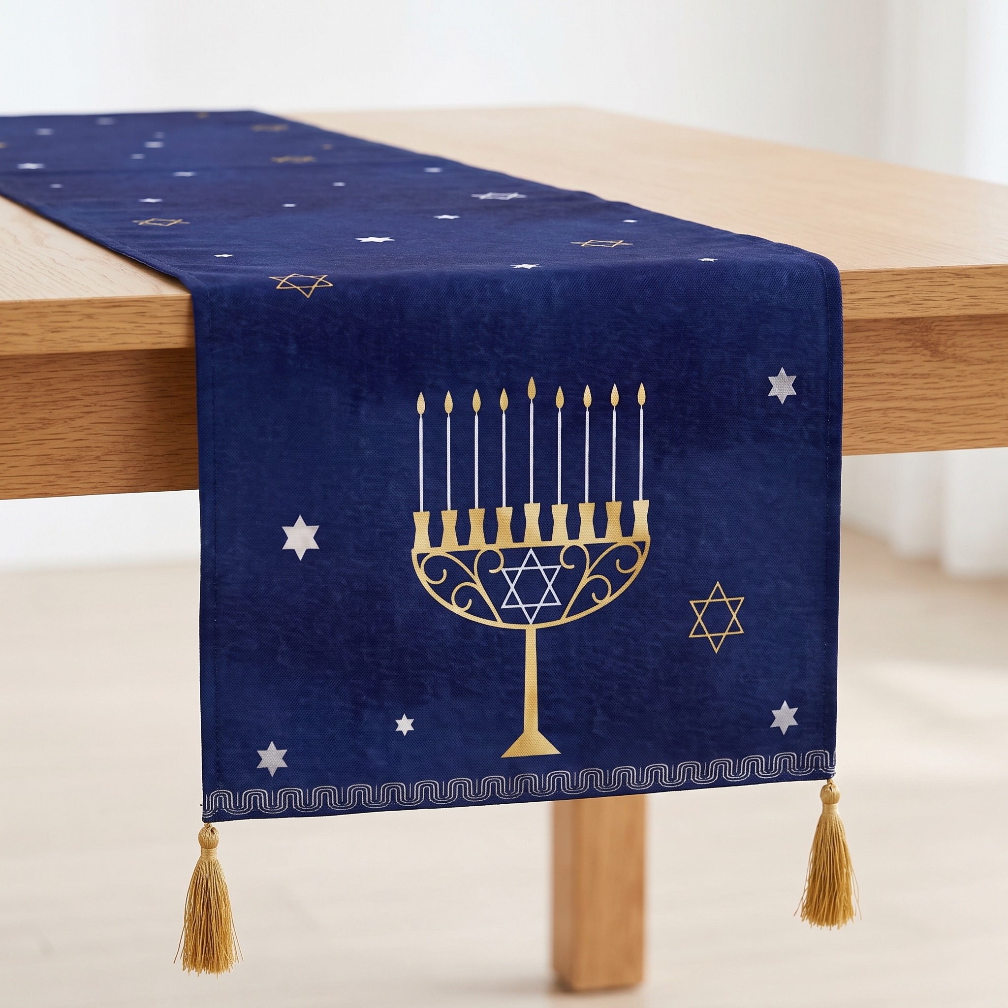 Hanukkah Table Runner with Tassels, 72 in Blue Fabric, photo 4 of 5