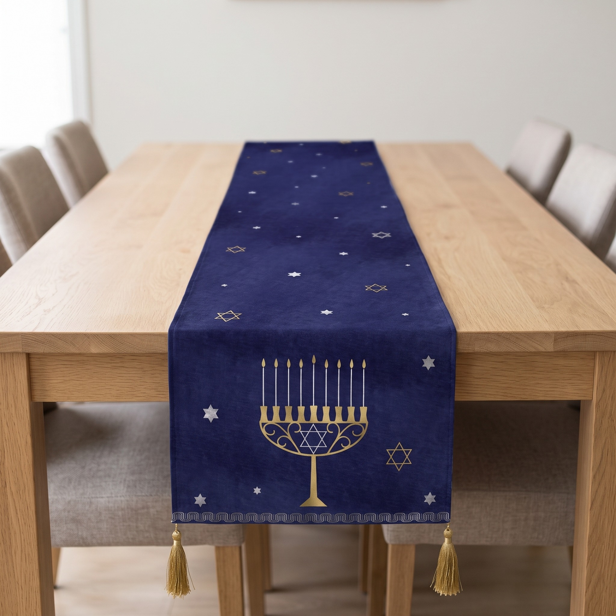 Hanukkah Table Runner with Tassels, 72 in Blue Fabric, photo 1 of 5