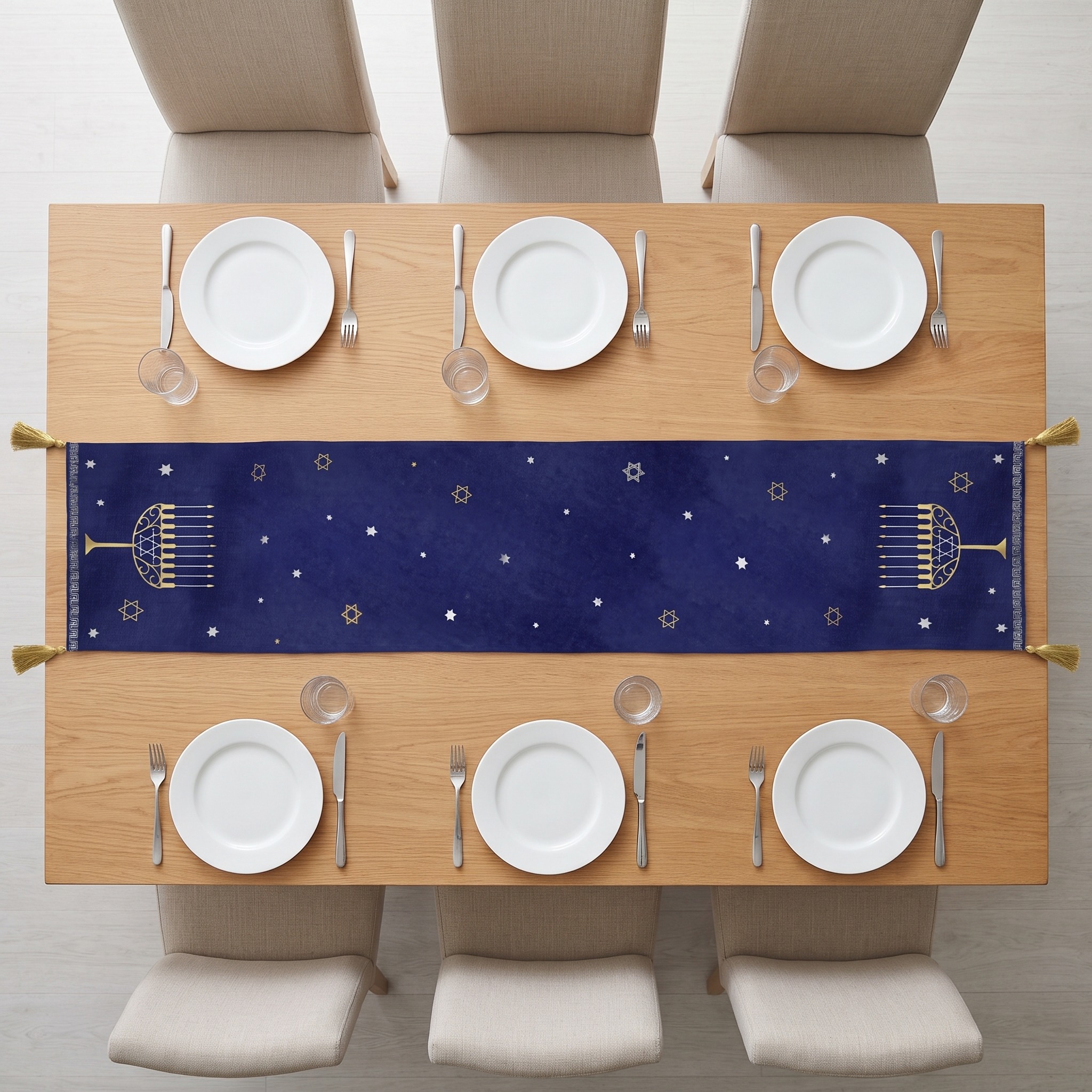 Hanukkah Table Runner with Tassels, 72 in Blue Fabric, photo 2 of 5