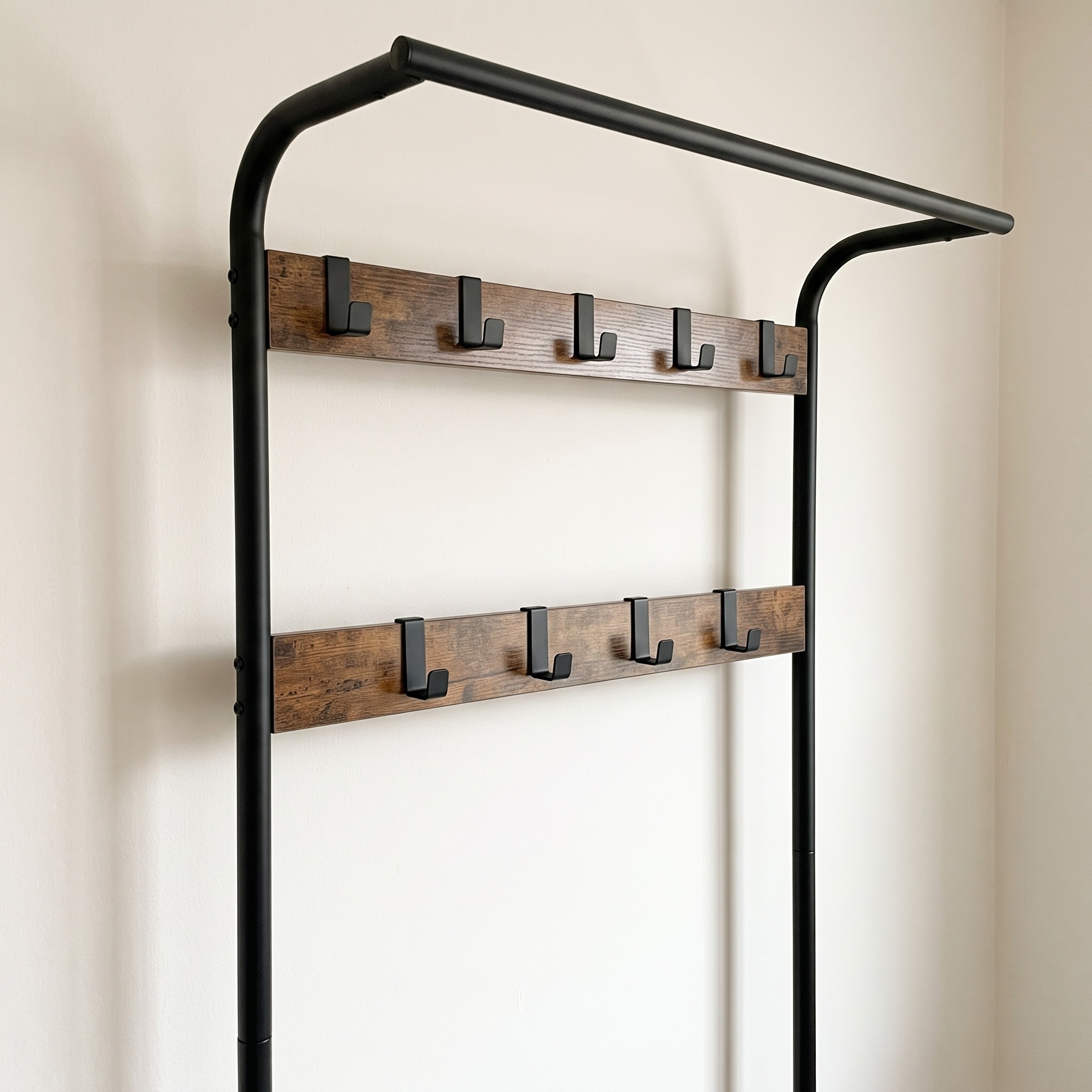Hall Tree with Shoe Bench and 9 Hooks, Rustic Brown and Black, photo 2 of 5