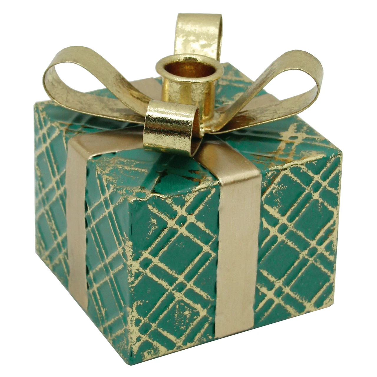 Taper Candle Holder with Gift Box Shape, Metal — Green and Gold, photo 7 of 9