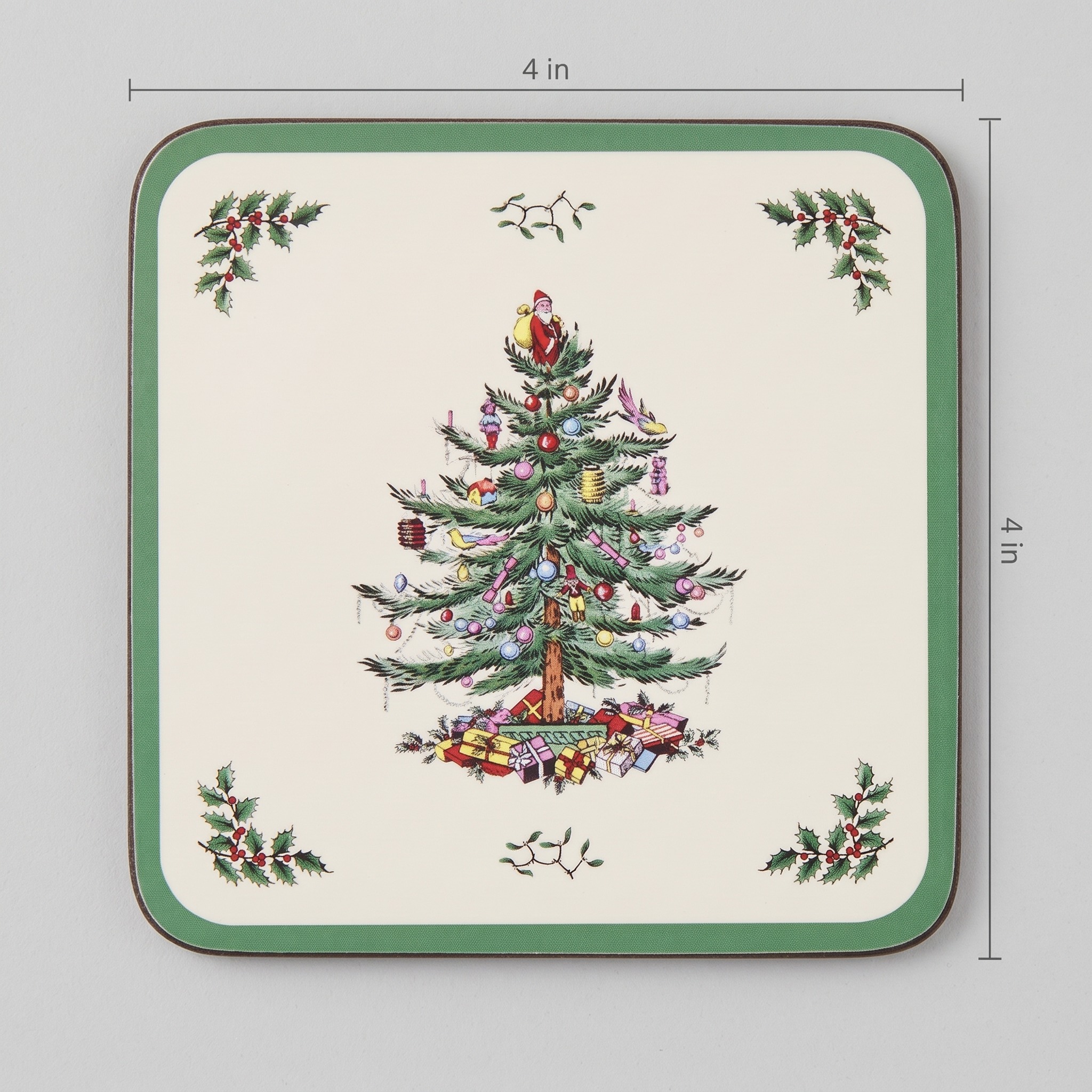 Cork-Back Christmas Tree Coaster Set of 6, 4 in, Cream & Green, photo 2 of 5