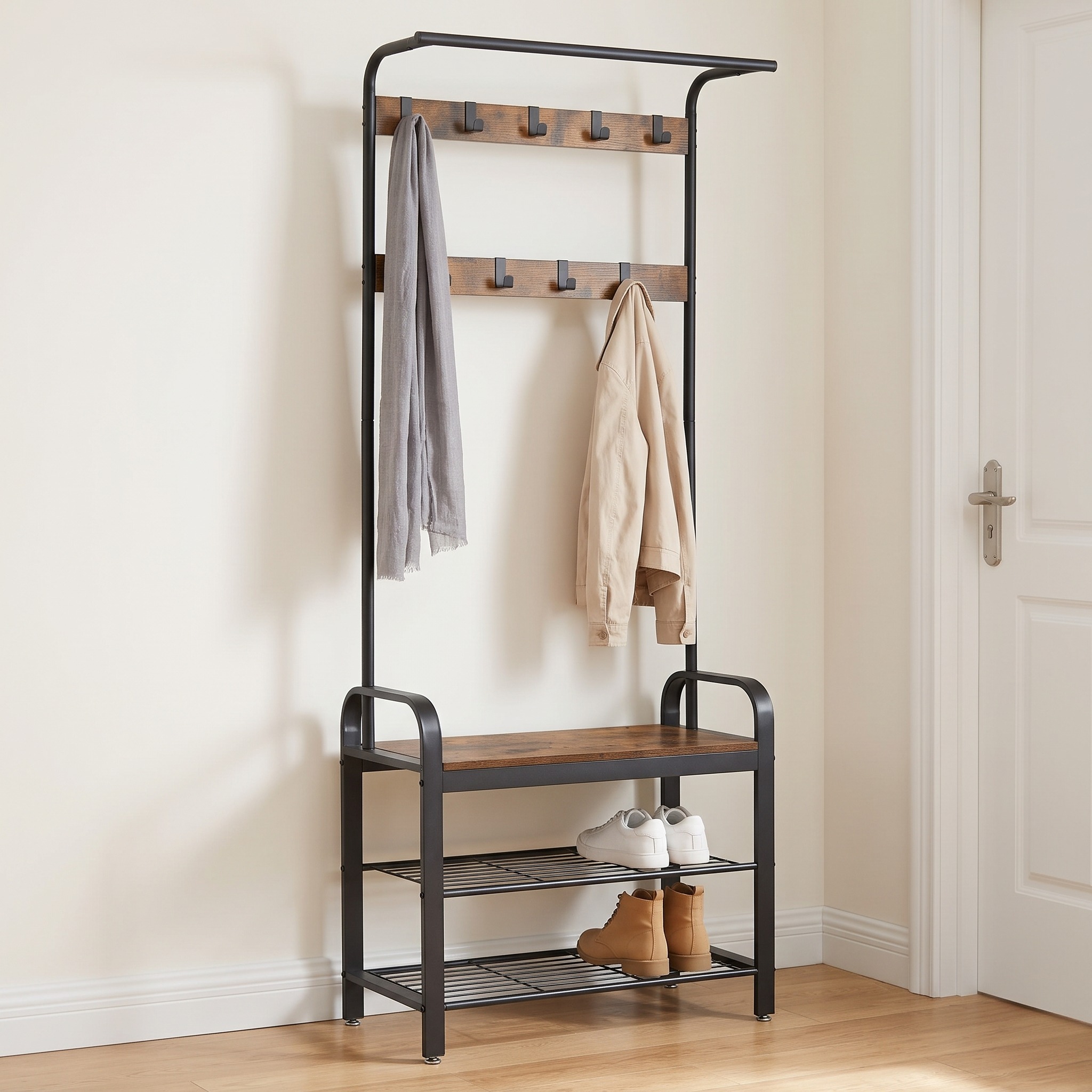 Hall Tree with Shoe Bench and 9 Hooks, Rustic Brown and Black, photo 1 of 5