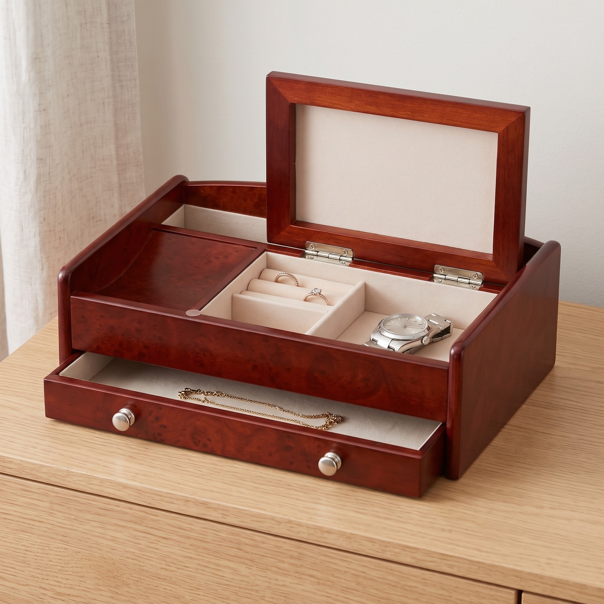 Jewelry Valet Box with Drawer, 11 in, Brown, photo 1 of 5