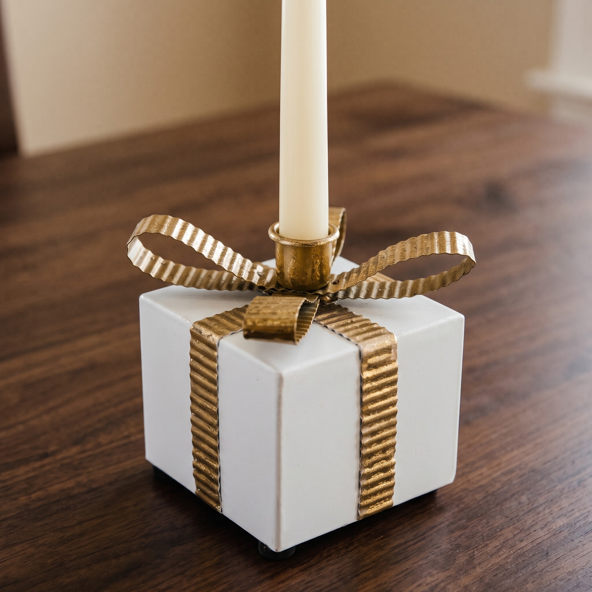Taper Candle Holder with Gift Box Shape, Metal — White and Gold, photo 8 of 9
