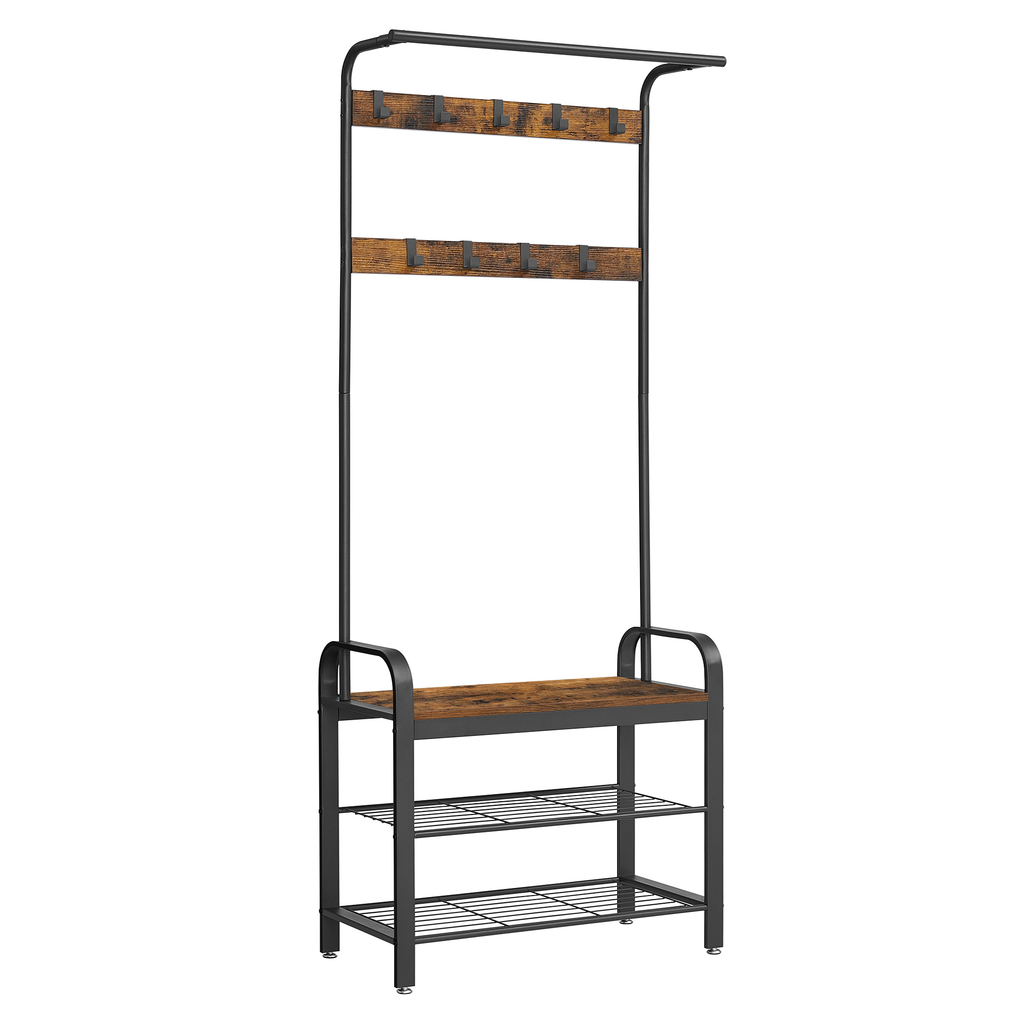 Hall Tree with Shoe Bench and 9 Hooks, Rustic Brown and Black, photo 3 of 5