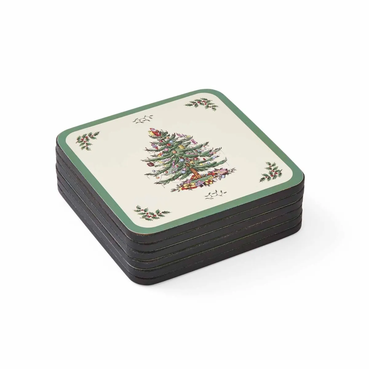 Cork-Back Christmas Tree Coaster Set of 6, 4 in, Cream & Green, photo 3 of 5